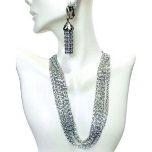 Sarah Coventry Silver Tone Layered Chain Necklace Tassel Earrings Set 16"